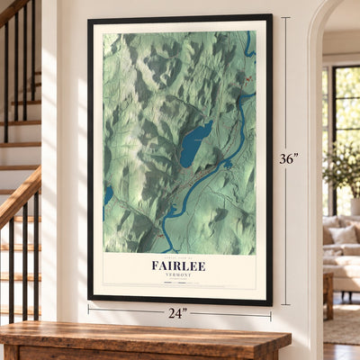 Fairlee, Vermont map, 24 x 36 inch print in a black frame by a staircase