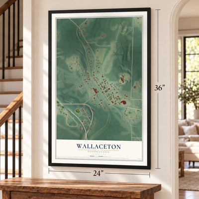 Wallaceton, Pennsylvania map, 24 x 36 inch print in a black frame by a staircase