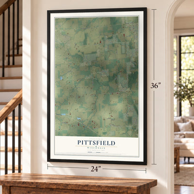 Pittsfield, Wisconsin map, 24 x 36 inch print in a black frame by a staircase