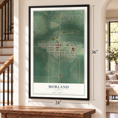 Morland, Kansas map, 24 x 36 inch print in a black frame by a staircase