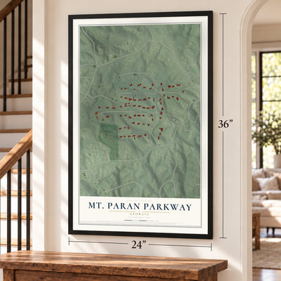 Mt. Paran Parkway, Georgia map, 24 x 36 inch print in a black frame by a staircase