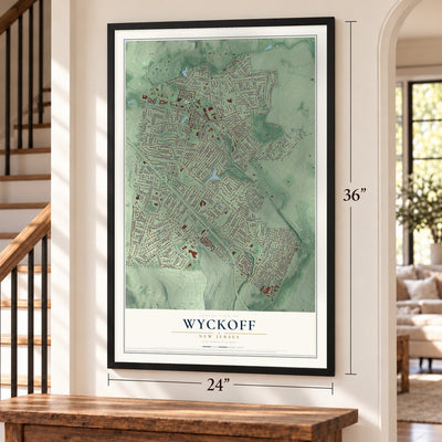 Wyckoff, New Jersey map, 24 x 36 inch print in a black frame by a staircase