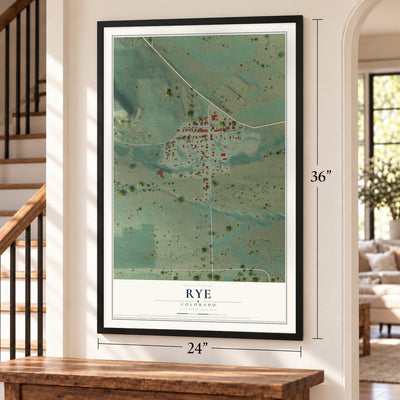 Rye, Colorado map, 24 x 36 inch print in a black frame by a staircase