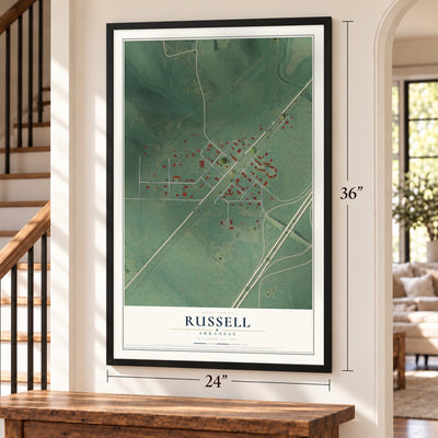 Russell, Arkansas map, 24 x 36 inch print in a black frame by a staircase