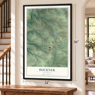 Buckner, Kentucky map, 24 x 36 inch print in a black frame by a staircase
