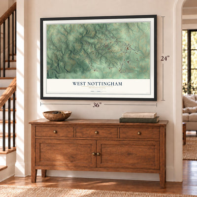 West Nottingham, Pennsylvania map, 24 x 36 inch print in a black frame above a dresser by a staircase