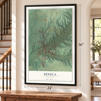 Seneca, Missouri map, 24 x 36 inch print in a black frame by a staircase