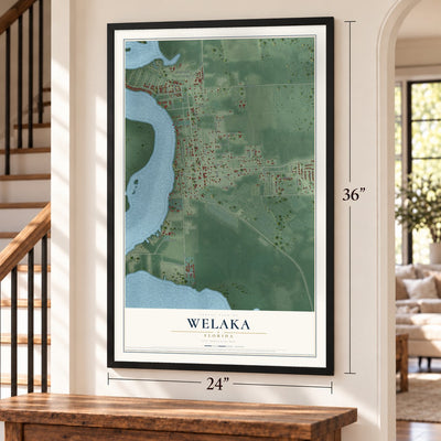 Welaka, Florida map, 24 x 36 inch print in a black frame by a staircase