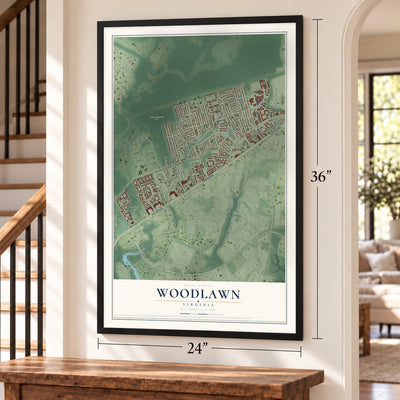 Woodlawn, Virginia map, 24 x 36 inch print in a black frame by a staircase