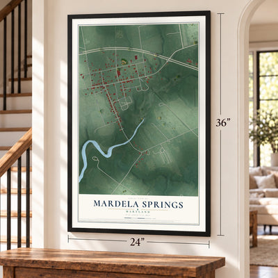 Mardela Springs, Maryland map, 24 x 36 inch print in a black frame by a staircase