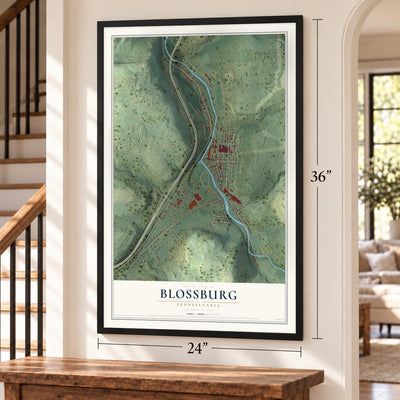 Blossburg, Pennsylvania map, 24 x 36 inch print in a black frame by a staircase