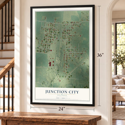 Junction City, Illinois map, 24 x 36 inch print in a black frame by a staircase