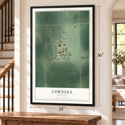 Cornlea, Nebraska map, 24 x 36 inch print in a black frame by a staircase