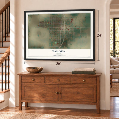 Tahoka, Texas map, 24 x 36 inch print in a black frame above a dresser by a staircase