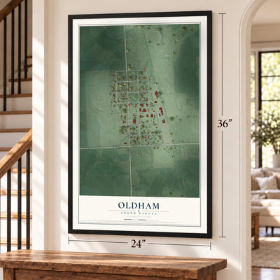 Oldham, South Dakota map, 24 x 36 inch print in a black frame by a staircase