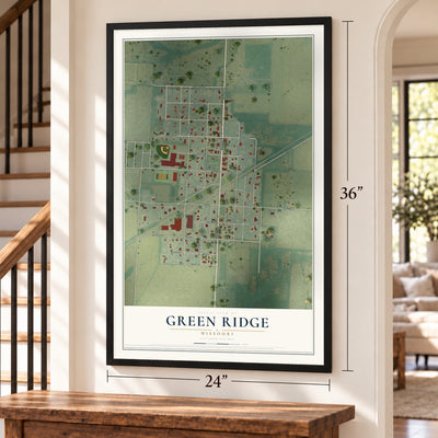 Green Ridge, Missouri map, 24 x 36 inch print in a black frame by a staircase