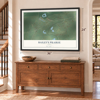 Bailey's Prairie, Texas map, 24 x 36 inch print in a black frame above a dresser by a staircase