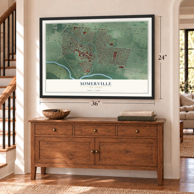 Somerville, New Jersey map, 24 x 36 inch print in a black frame above a dresser by a staircase