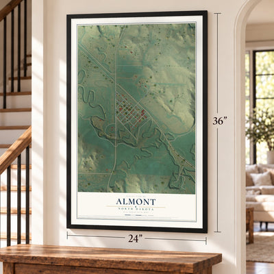 Almont, North Dakota map, 24 x 36 inch print in a black frame by a staircase