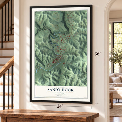 Sandy Hook, Kentucky map, 24 x 36 inch print in a black frame by a staircase