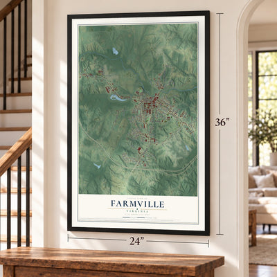 Farmville, Virginia map, 24 x 36 inch print in a black frame by a staircase