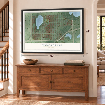 Diamond Lake, Minnesota map, 24 x 36 inch print in a black frame above a dresser by a staircase