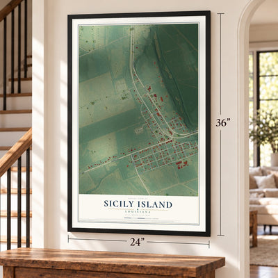 Sicily Island, Louisiana map, 24 x 36 inch print in a black frame by a staircase