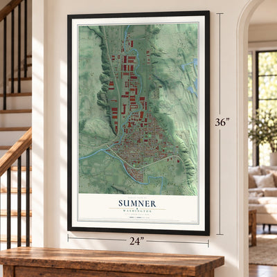 Sumner, Washington map, 24 x 36 inch print in a black frame by a staircase
