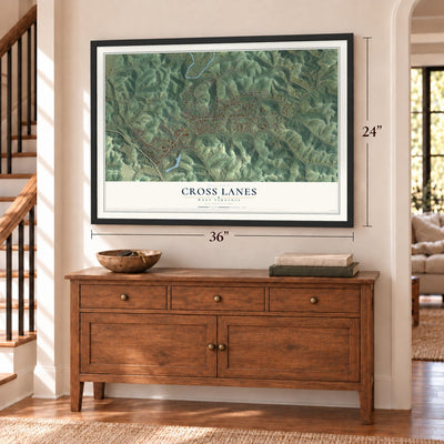 Cross Lanes, West Virginia map, 24 x 36 inch print in a black frame above a dresser by a staircase