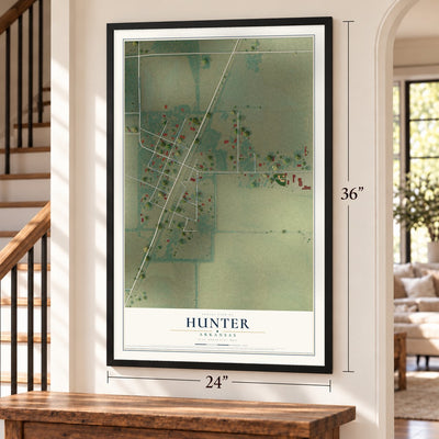 Hunter, Arkansas map, 24 x 36 inch print in a black frame by a staircase