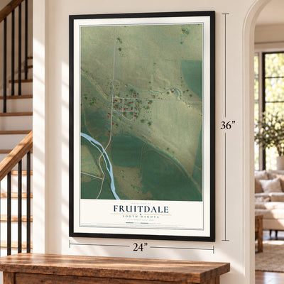 Fruitdale, South Dakota map, 24 x 36 inch print in a black frame by a staircase