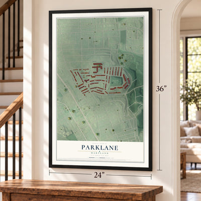 Parklane, Maryland map, 24 x 36 inch print in a black frame by a staircase