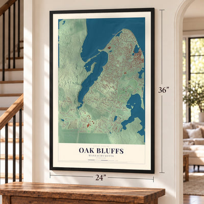 Oak Bluffs, Massachusetts map, 24 x 36 inch print in a black frame by a staircase