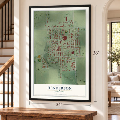 Henderson, Nebraska map, 24 x 36 inch print in a black frame by a staircase