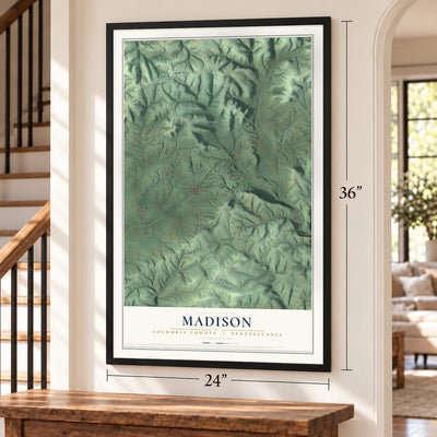 Madison, Columbia County, Pennsylvania map, 24 x 36 inch print in a black frame by a staircase