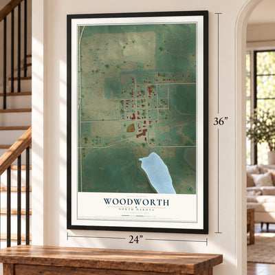Woodworth, North Dakota map, 24 x 36 inch print in a black frame by a staircase