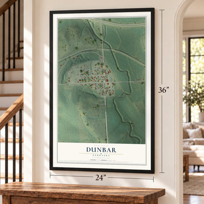 Dunbar, Nebraska map, 24 x 36 inch print in a black frame by a staircase