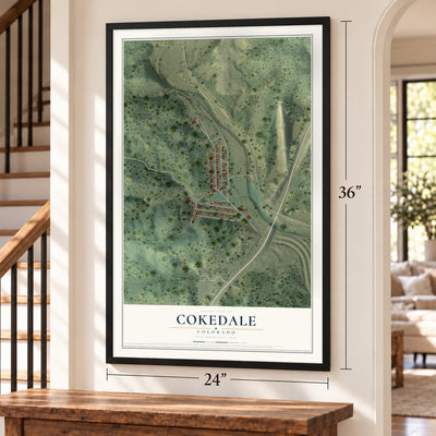 Cokedale, Colorado map, 24 x 36 inch print in a black frame by a staircase