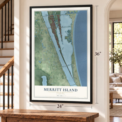 Merritt Island, Florida map, 24 x 36 inch print in a black frame by a staircase