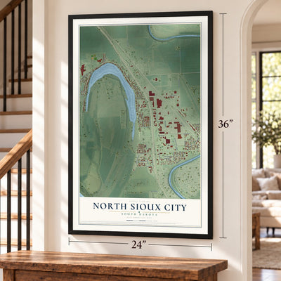 North Sioux City, South Dakota map, 24 x 36 inch print in a black frame by a staircase