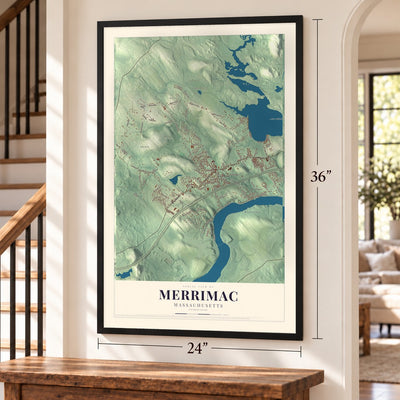 Merrimac, Massachusetts map, 24 x 36 inch print in a black frame by a staircase