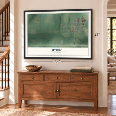 Hydro, Oklahoma map, 24 x 36 inch print in a black frame above a dresser by a staircase