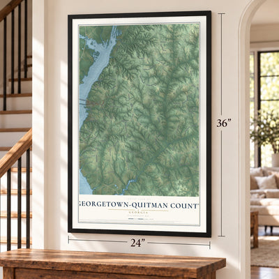 Georgetown-Quitman County, Georgia map, 24 x 36 inch print in a black frame by a staircase