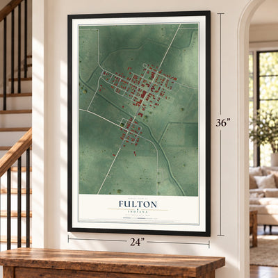 Fulton, Indiana map, 24 x 36 inch print in a black frame by a staircase