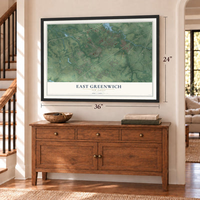 East Greenwich, New Jersey map, 24 x 36 inch print in a black frame above a dresser by a staircase