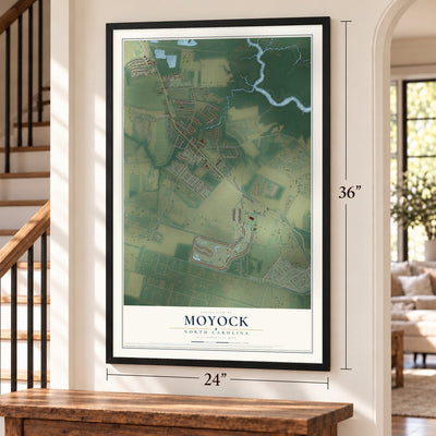 Moyock, North Carolina map, 24 x 36 inch print in a black frame by a staircase