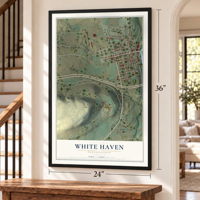 White Haven, Pennsylvania map, 24 x 36 inch print in a black frame by a staircase