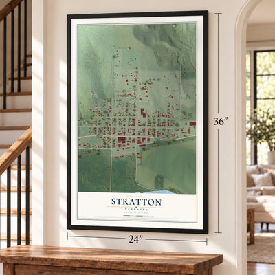 Stratton, Nebraska map, 24 x 36 inch print in a black frame by a staircase
