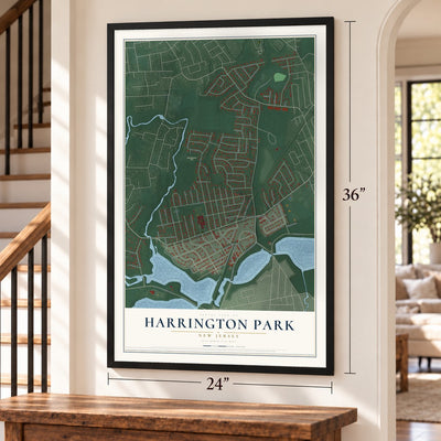 Harrington Park, New Jersey map, 24 x 36 inch print in a black frame by a staircase