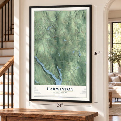 Harwinton, Connecticut map, 24 x 36 inch print in a black frame by a staircase